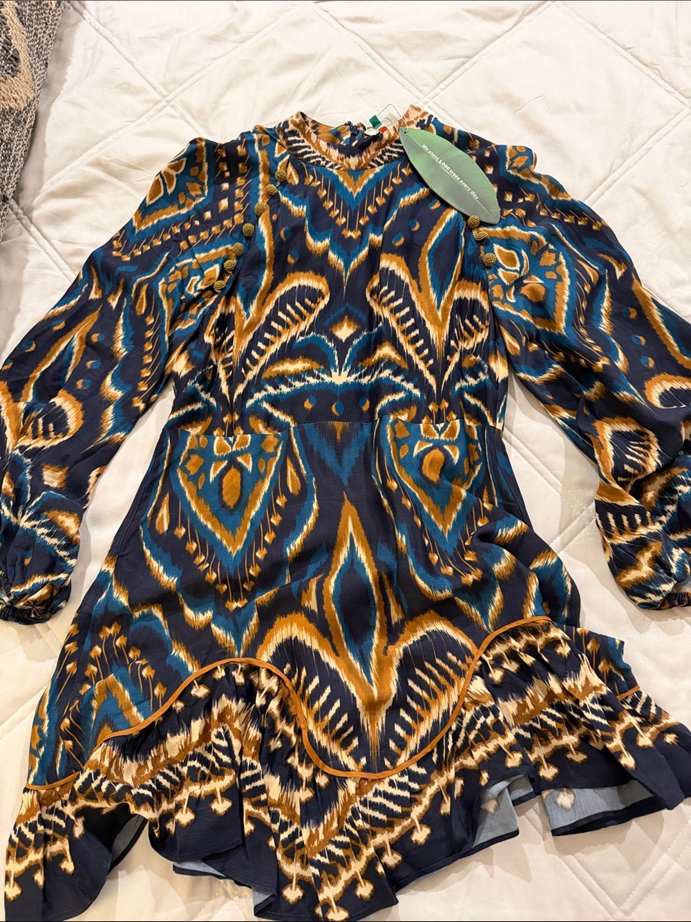 Farm Rio Womens Navy & Gold Patterned Long-Sleeve Dress